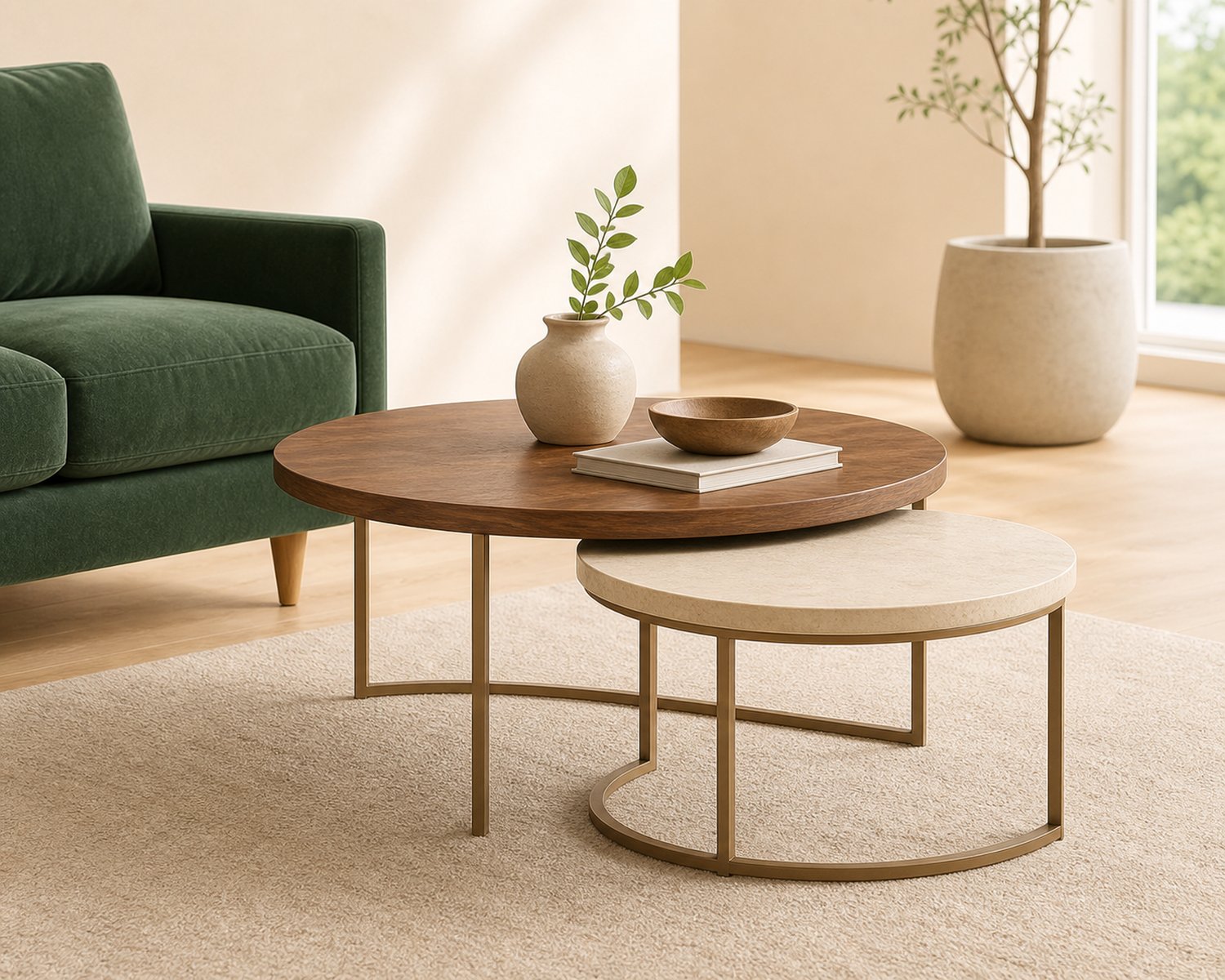 Nesting coffee tables in wood and metal